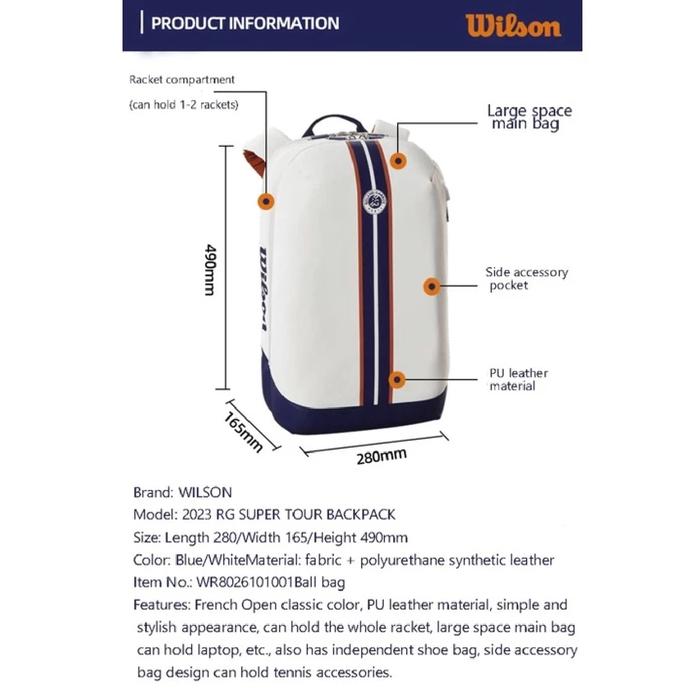 Tas Raket Tennis Wilson Roland Garros Tennis Backpack Bag Super Tour Series - Image 6